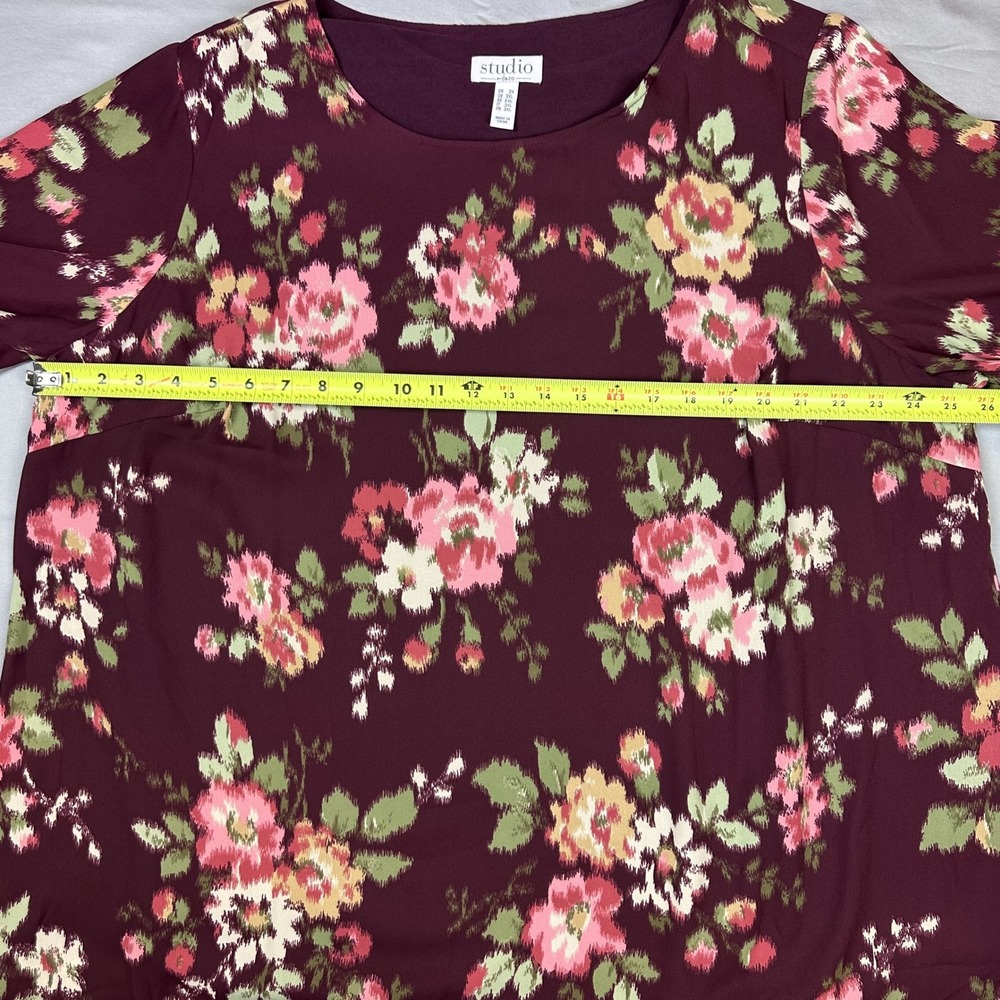 Women Tulip Back Top 2X Burgundy Pink Floral Print 3/4 Sleeve Tunic Dark Cottage - Picture 5 of 13
